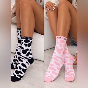 2 JIEYN Cow Print Crew Socks Pink & Black Graphic Cotton Blend Stretch Casual